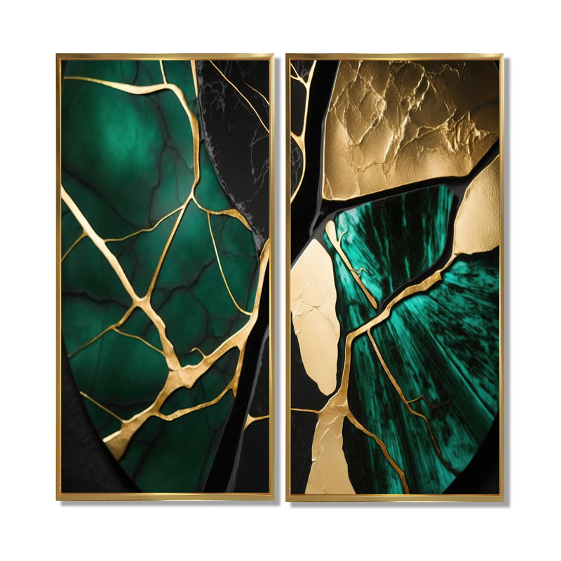 «Abstract Geode Gold I», art mural abstrait en marbre 2 pièces, 40'' H x 40'' W, Impression encadrée flottante, Gold