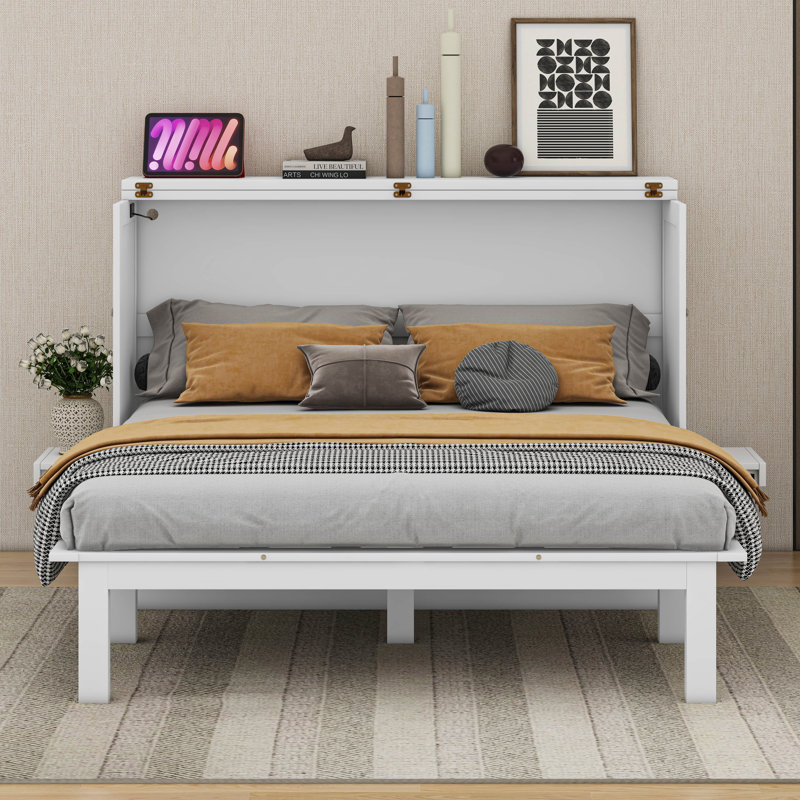 Lit escamotable avec port USB et tablettes amovibles, Blanc, Grand