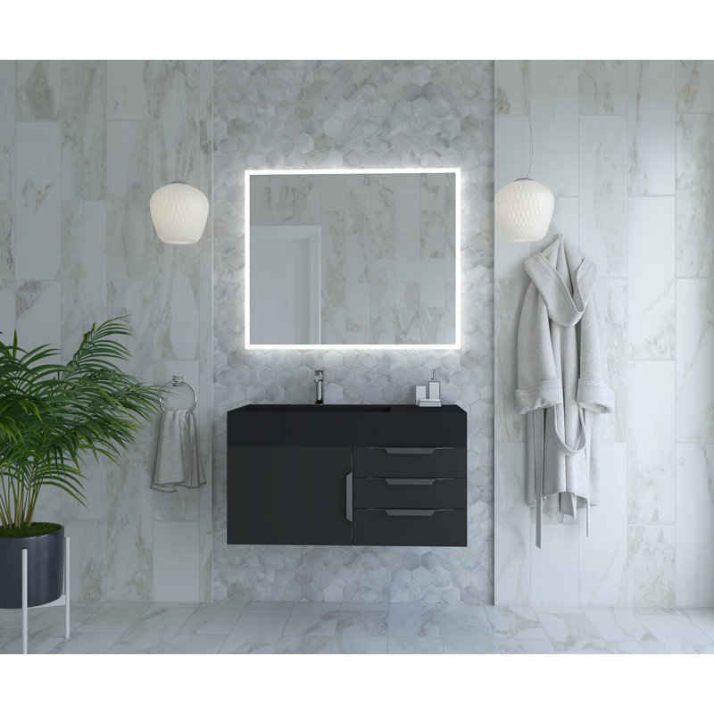 Ensemble de meuble-lavabo mural simple 36 po Bassi, Noir, Noir, Noir