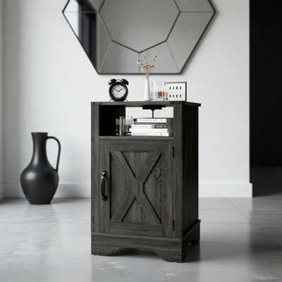 16" Dark Grey Farmhouse Nightstand w/ Charging Station & Storage (GREY)