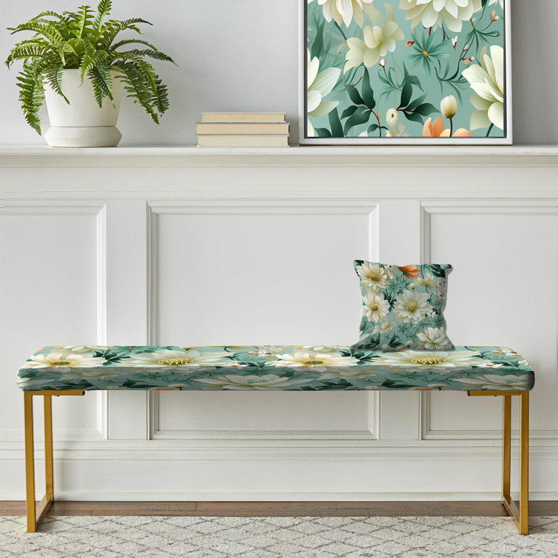Mint Poppies Motifs - Floral Upholstered Gold Bench