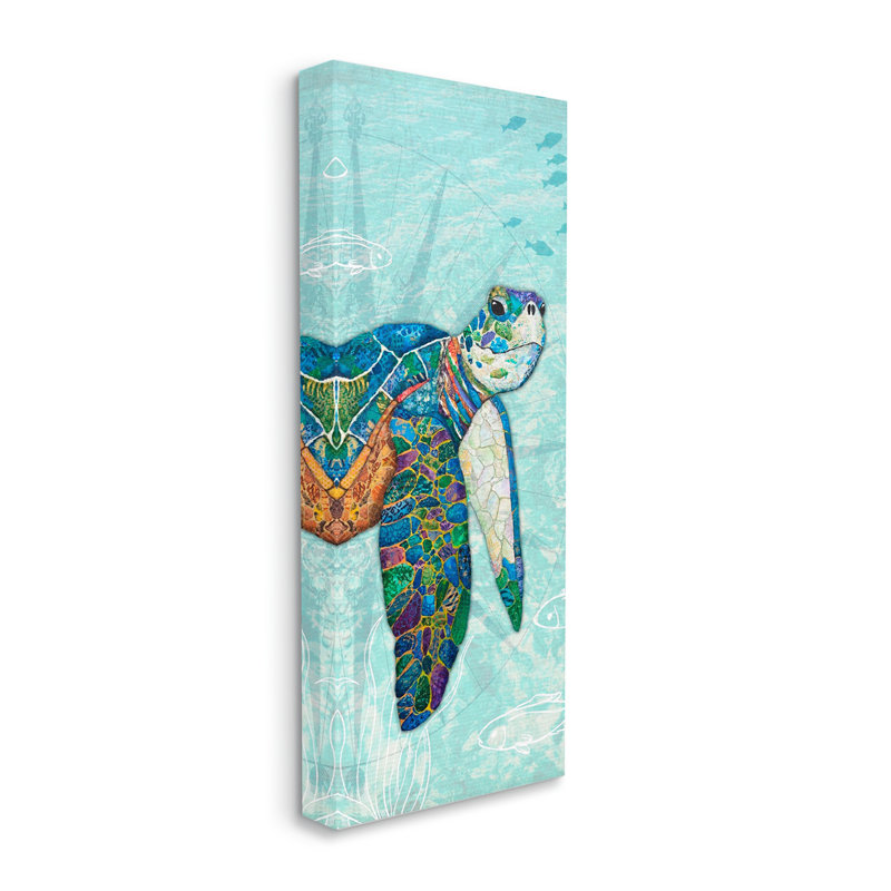 «Sea Turtle Underwater Ocean Mosaic Style Collage» par Lisa Morales - peinture sur toile tendue, H 24 po x l 10 po x P 1,5 po