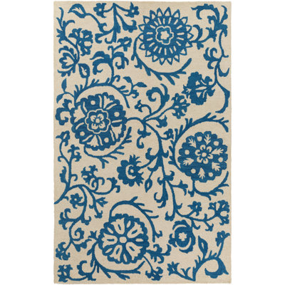 Bleu foncé en laine Touffeté à la main à motif floral Tapis décoratif/beige