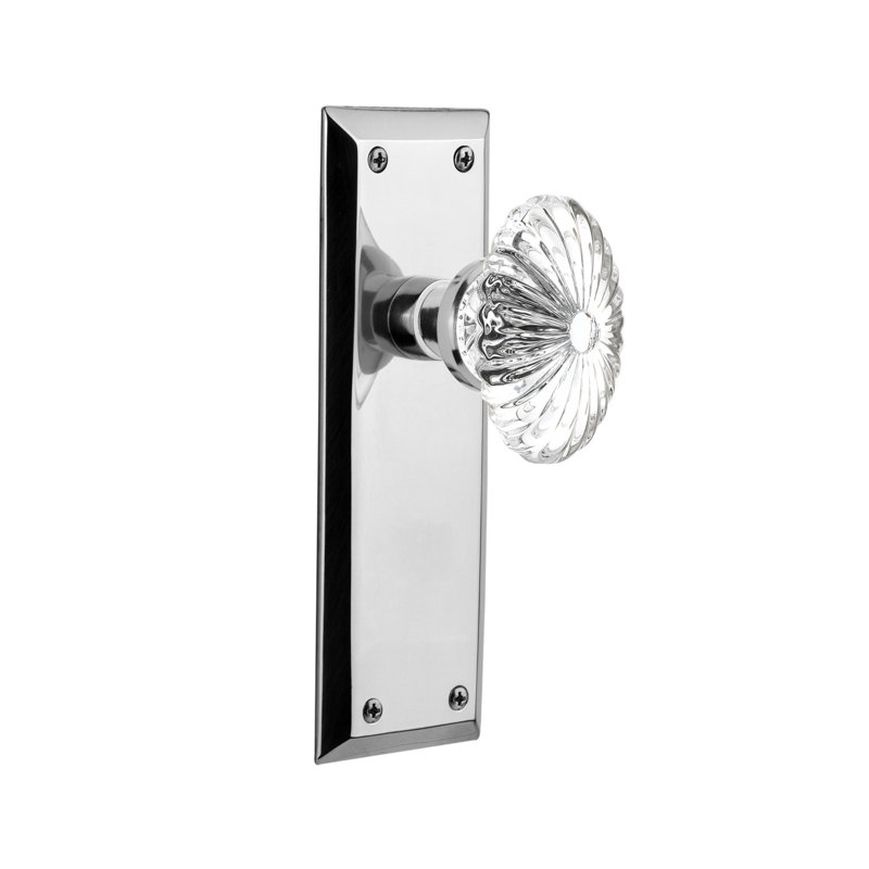 New York Plate with Oval Fluted Crystal Door Knob, 2-3/4”, Bright Chrome