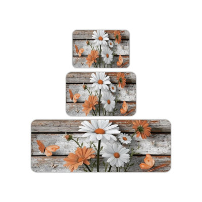 Orange White Daisy Butterfly Kitchen Rug 3 Pc Set for Farmhouse Kitchen & Porch