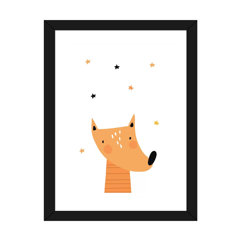 Renard - impression d'art graphique, Papier encadré noir, H 32 po x l 24 po x P 1 po, Blanc