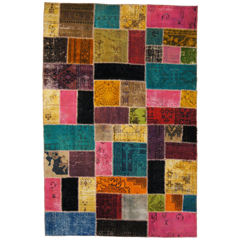 Tapis jaune / rose / bleu sarcelle / brun en laine noué à la main