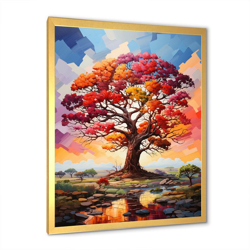 Baobab africain aux couleurs de l'arc-en-ciel IV - Décoration murale arbre baobab, Cadre flottant doré, H 44 po x l 34 po