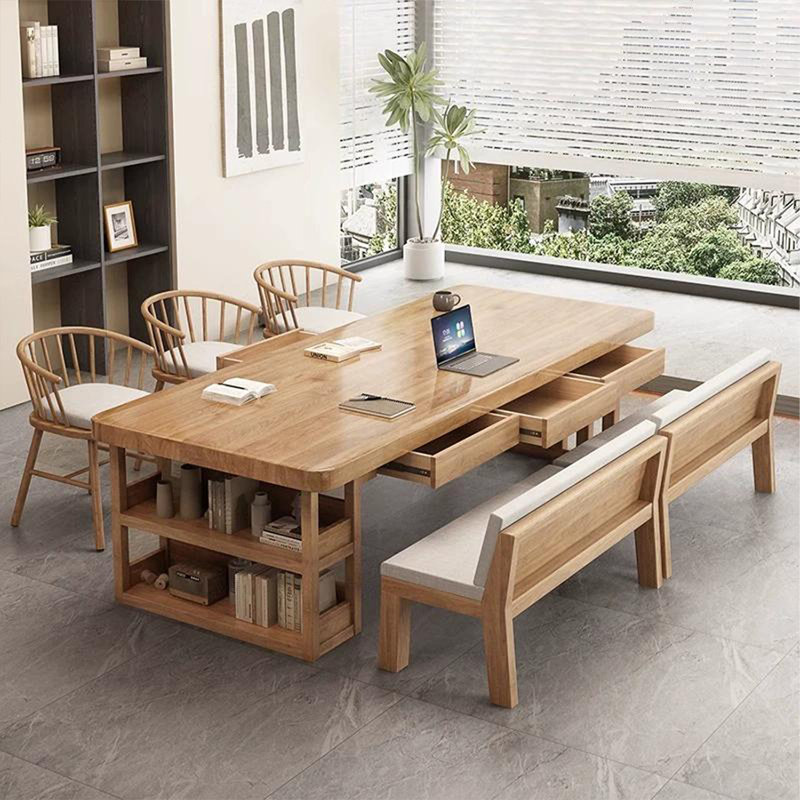 Bureau rectangulaire brun en bois massif avec 6 tiroirs, H 29,53 po x l 86,61 po x P 35,43 po