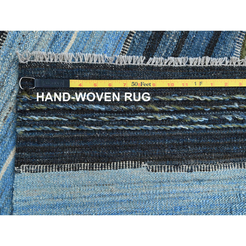 Tapis bleu / vert en laine noué à la main de conception unique 9 pi 7 po x 11 pi 10 po New Age Featherly