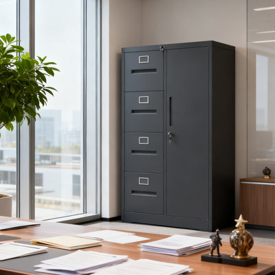 4-Drawer Vertical Metal Filing Cabinet with Lock & Storage Wardrobe, Steel File Locker for Home Office, School, and Bedroom, Black