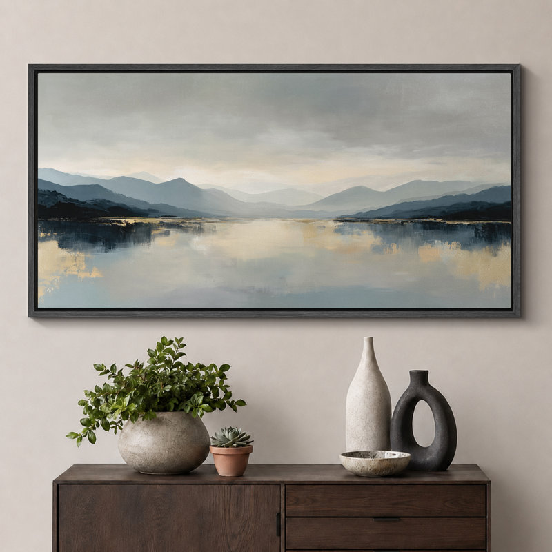 "Serene Mountain Lake Reflection Landscape", très grandes photos, impression sur toile encadrée, Noir, H 30 po x l 60 po