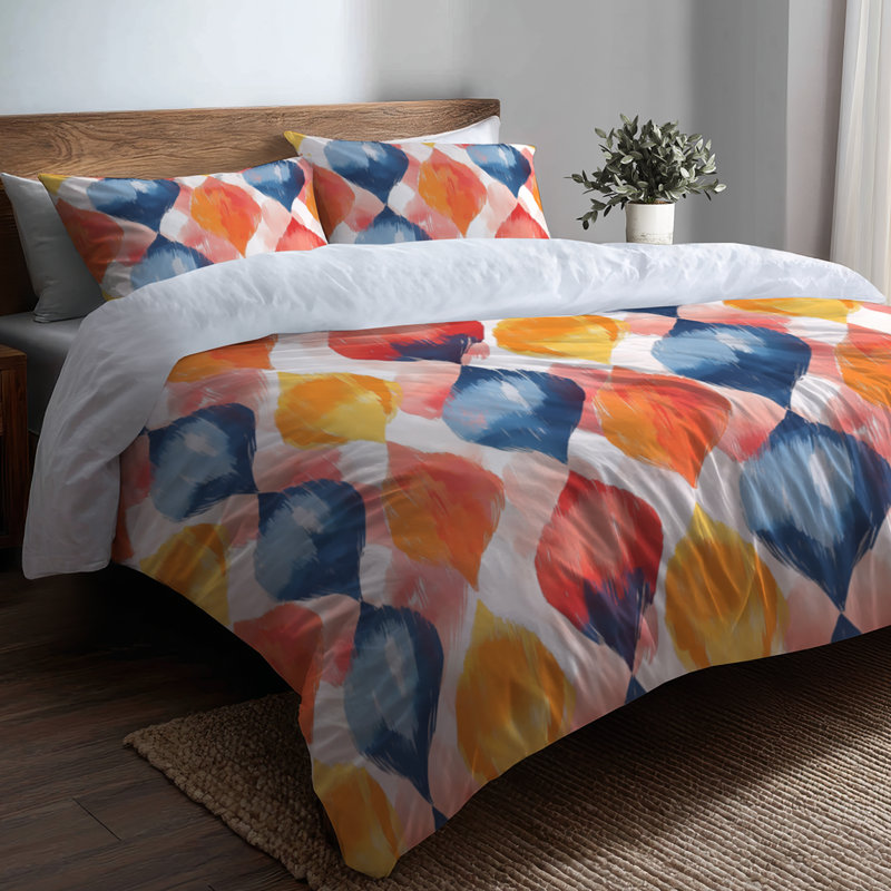 Ensemble d'édredon moderne de 6 - Ikat scandinave bleu et orange avec taies décoratives et coussins décoratifs