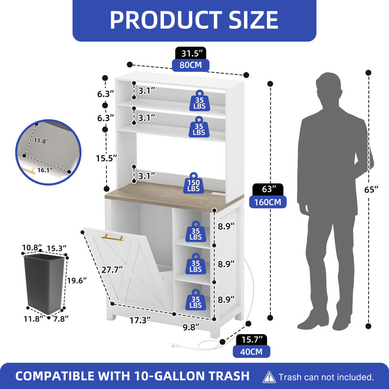 Baker's Rack with Trash Can Bin Cabinet and Charge Station, White