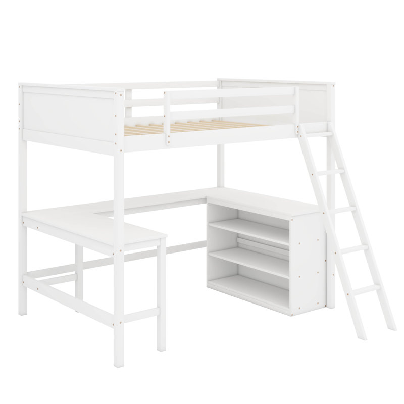 Lit mezzanine avec tablettes, bureau, Double, Blanc
