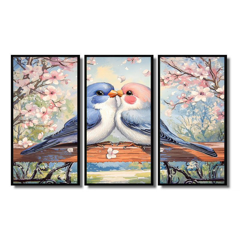 Ensemble de décorations murales Love Birds Springtime Blooms II - Bird, H 40 po x l 60 po, Reproduction avec cadre flottant