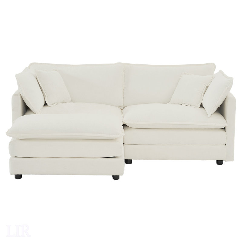Canapé modulaire en L en chenille à deux places avec repose-pieds, parfait pour les petits espaces, Chenille blanche