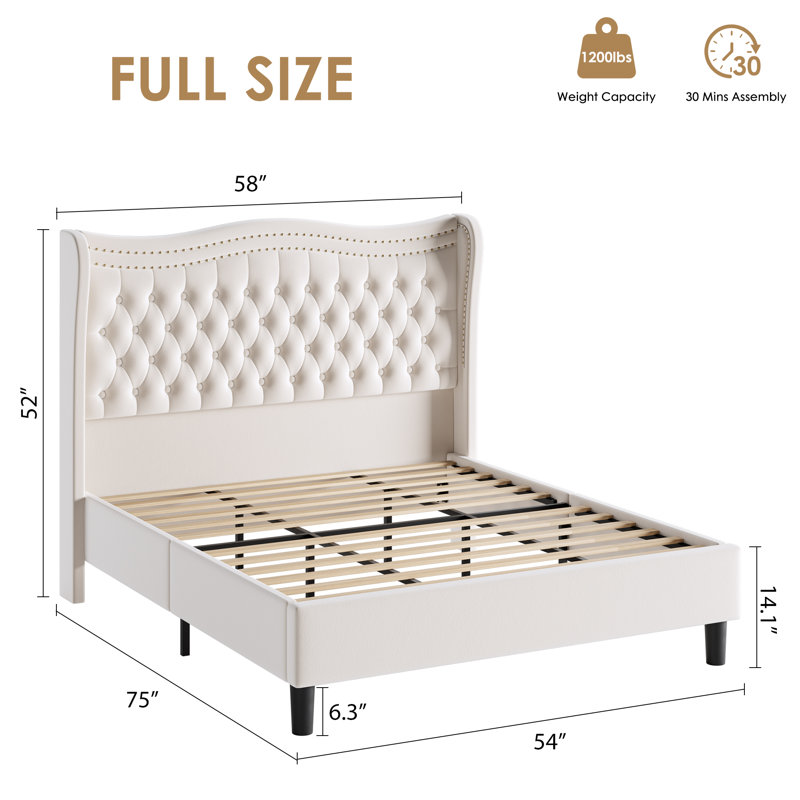 Upholstered Wingback Bed, Beige,  Full / Double