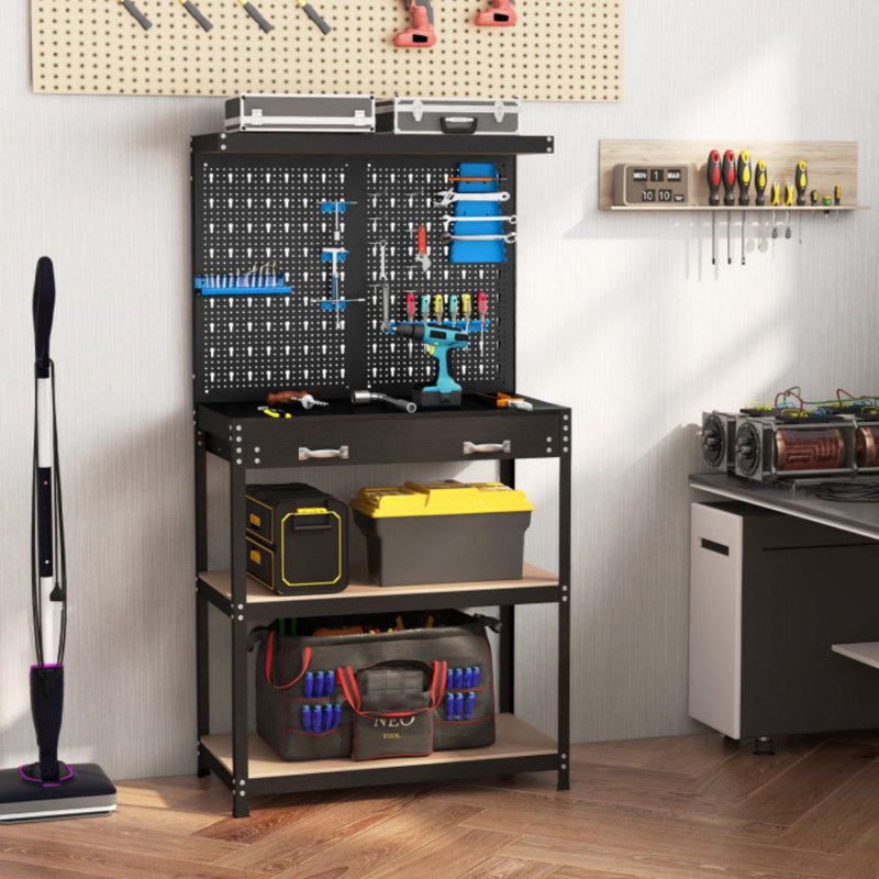 Établi de rangement pour outils avec panneau perforé et 14 accessoires suspendus pour le garage, Bleu