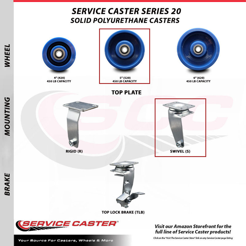 4 Piece Solid Polyurethane Caster Set with Ball Bearings 2 Swivel 2 Rigid