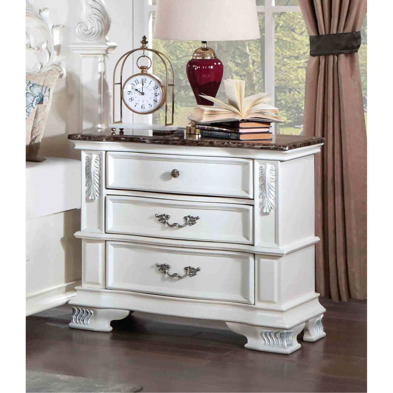 Traditional Style 1Pc Nightstand Marble Top Dovetail Drawers Ball Bearing Glide Pearl White Finish Bedroom Furniture, White