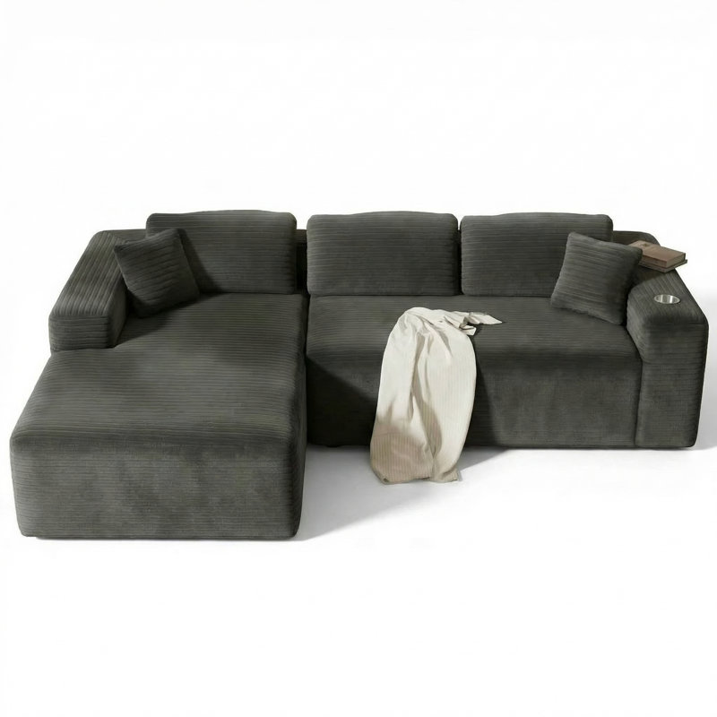 108" Cloud Modular Sectional Sofa With Chaise, Deep Seat Corduroy Boneless Couches With 4 Storage Pockets & Tray, Left Hand Facing Chaise, Grey