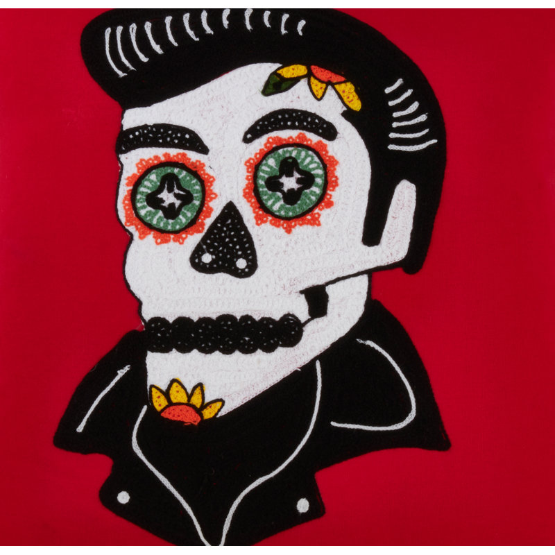 Red Sugar Skull Embroidered Square Pillow with Tassels