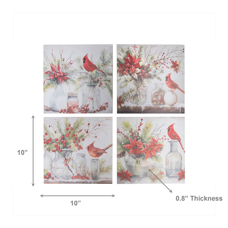 Art mural sur toile, cardinal sur vase, ensemble de 4