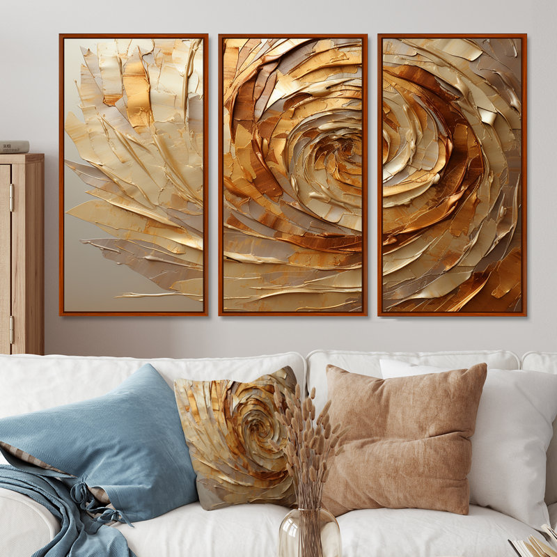 Brown Gilded Mocha Spiral - Abstract Spirals Canvas Wall Art Set, 32" H x 48" W x 1" D, Brown Floater Framed