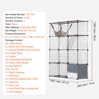Grande cage à chat à 4 niveaux, 41 x 14 x 55 pouces, enclos métallique détachable, espace d'exercice intérieur et extérieur idéal pour les chats et les petits animaux, noir, avec bac à litière, hamac, rampe et échelle.