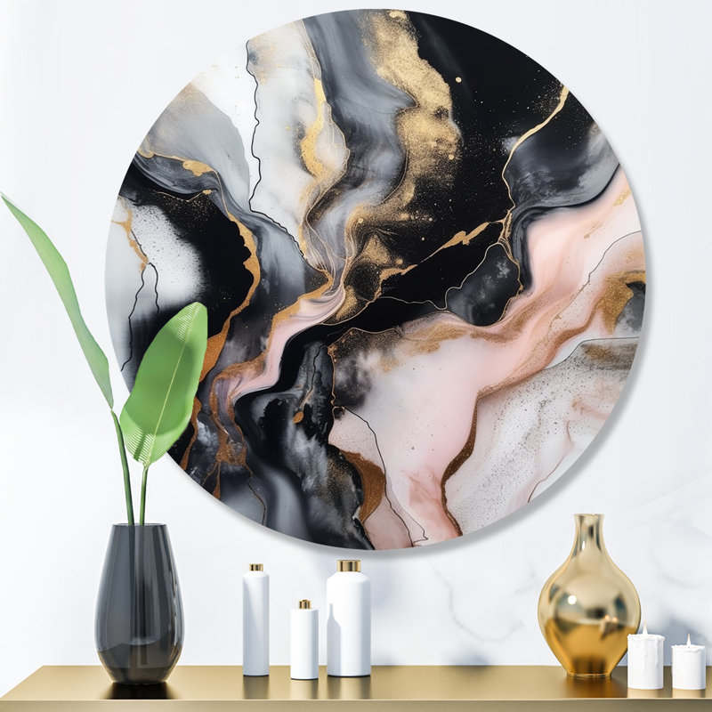 Décoration murale abstraite noire or marbrée sur métal, H 16 po x l 16 po x P 1 po