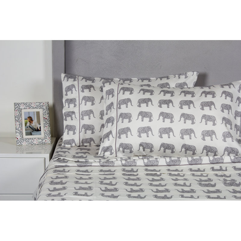 Elephant 100% Cotton Animal Print Sheet Set, Queen, Gray