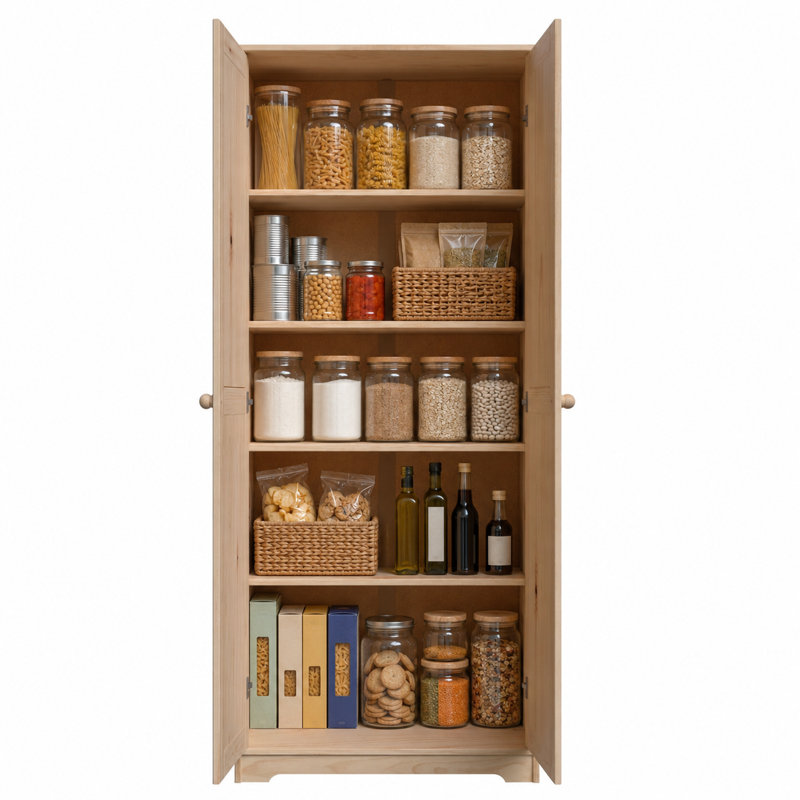 Solid Pine Pantry Cabinet, Unfinished Kitchen Storage Cabinet with Adjustable Shelves, Tall Free-Standing Organizer for Pantry, Laundry Room or Garage