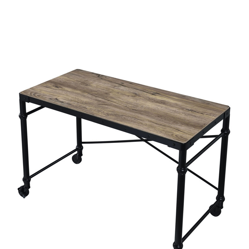 Black & Oak Desk With Metal Construction, Industrial Design, Particle Board, Wheels For Relocation