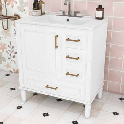Bathroom Vanity with Ceramic Basin, Soft-Close Drawers and Door