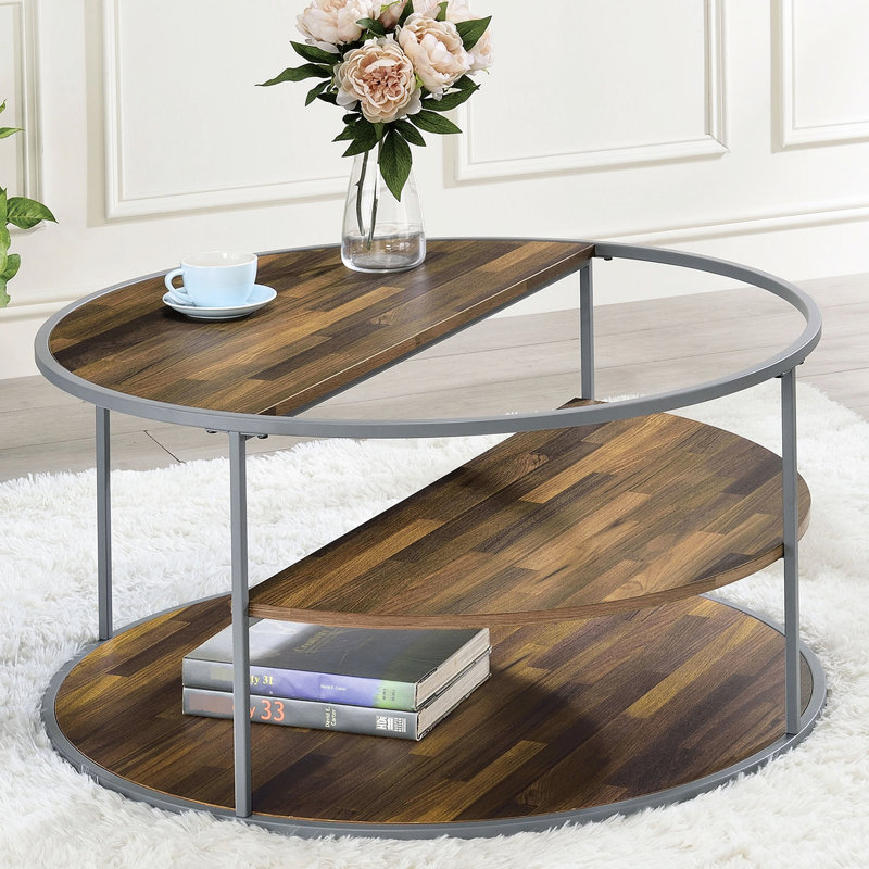 Table basse industrielle avec cadre à 3 niveaux gris et noyer, structure thermolaquée, assemblage sans effort de placage de papier grain de bois