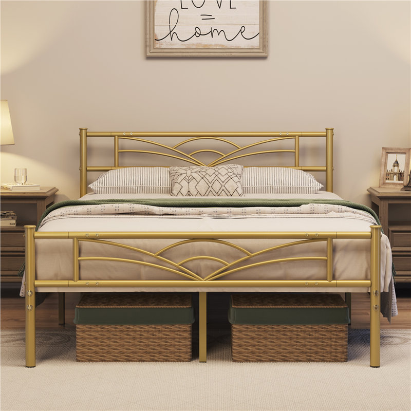 88.5cm Height Metal Bed Frame with Cloud-inspired Design Headboard, Double (4'6), Antique Gold