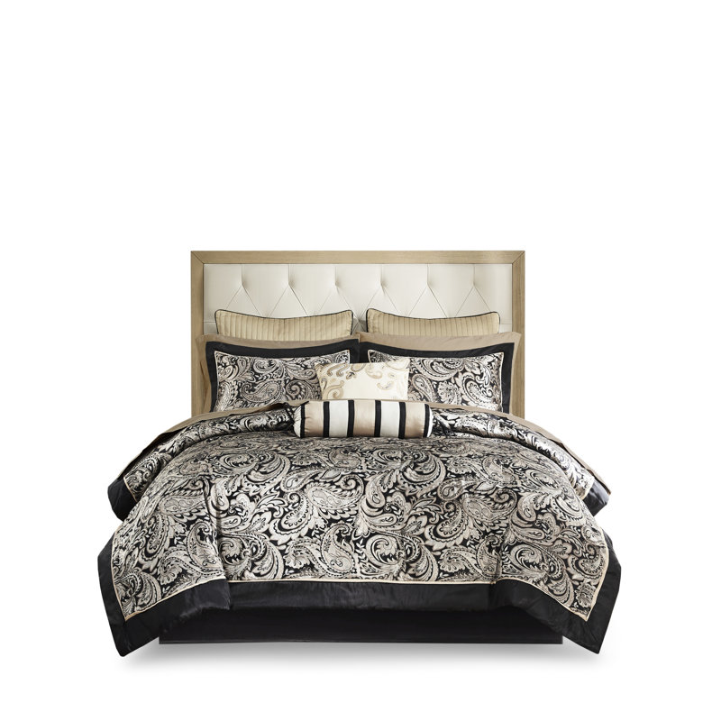 12 édredon avec draps en coton, grand, noir. Comprend un édredon, des taies décoratives, des oreillers, une jupe de lit, des draps-housses et des draps plats. Cachemire élégant. Jupe décorative pour grand lit noire nécessitant peu d'entretien