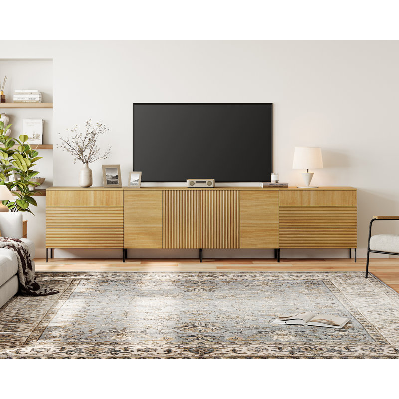 126" Long Modern Reeded Dresser TV Stand For Tvs Up To 120 Inch, Entertainment Center With Charging Station, Wooden TV Console With Storage For Living Room