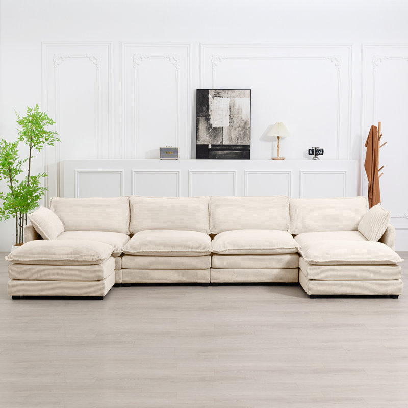 Canapé modulaire en U rembourré de 148 po 6 pièces Redenius, Velours côtelé beige