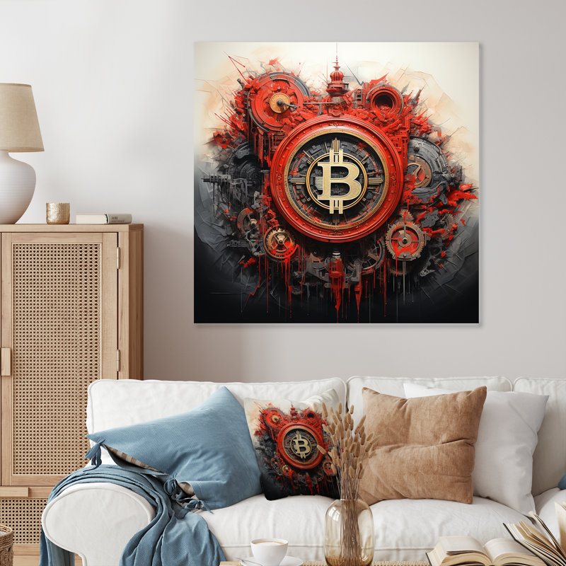 «Red Bitcoin Crypto monnaie III» - art mural en métal à la mode, H 29 po x l 29 po x P 1,5 po