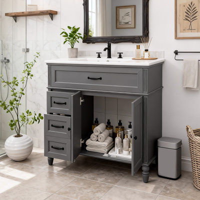 Meuble-lavabo 36 po avec lavabo en céramique, rangement de tiroir, structure en bois massif et panneau de fibres à densité moyenne