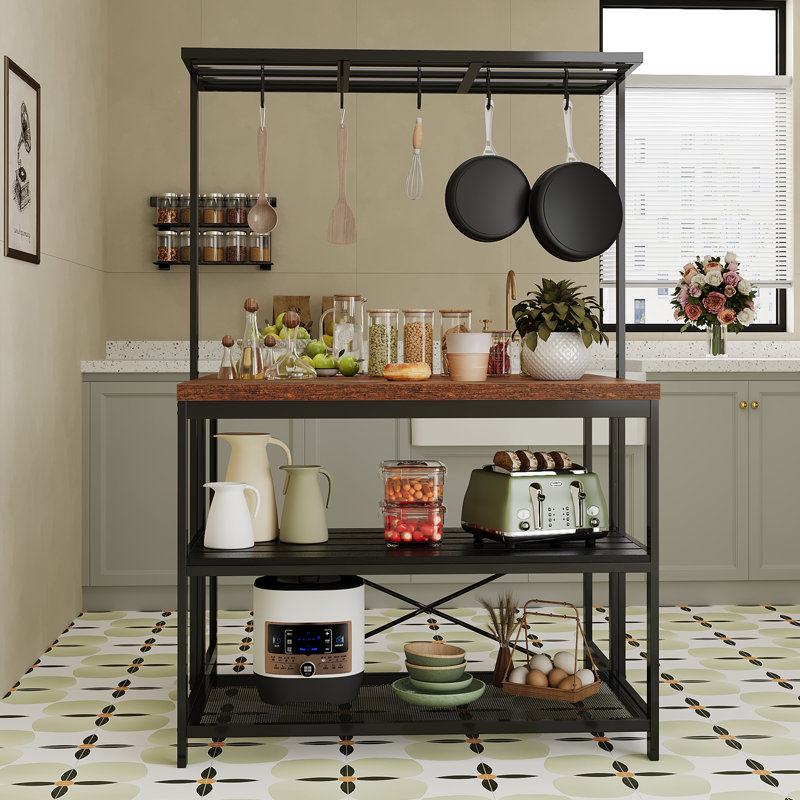 3-Tier Kitchen Island Storage Cabinet - 42" Multifunctional Microwave Stand with Open Shelves and Side Hooks, Kitchen Utility Table