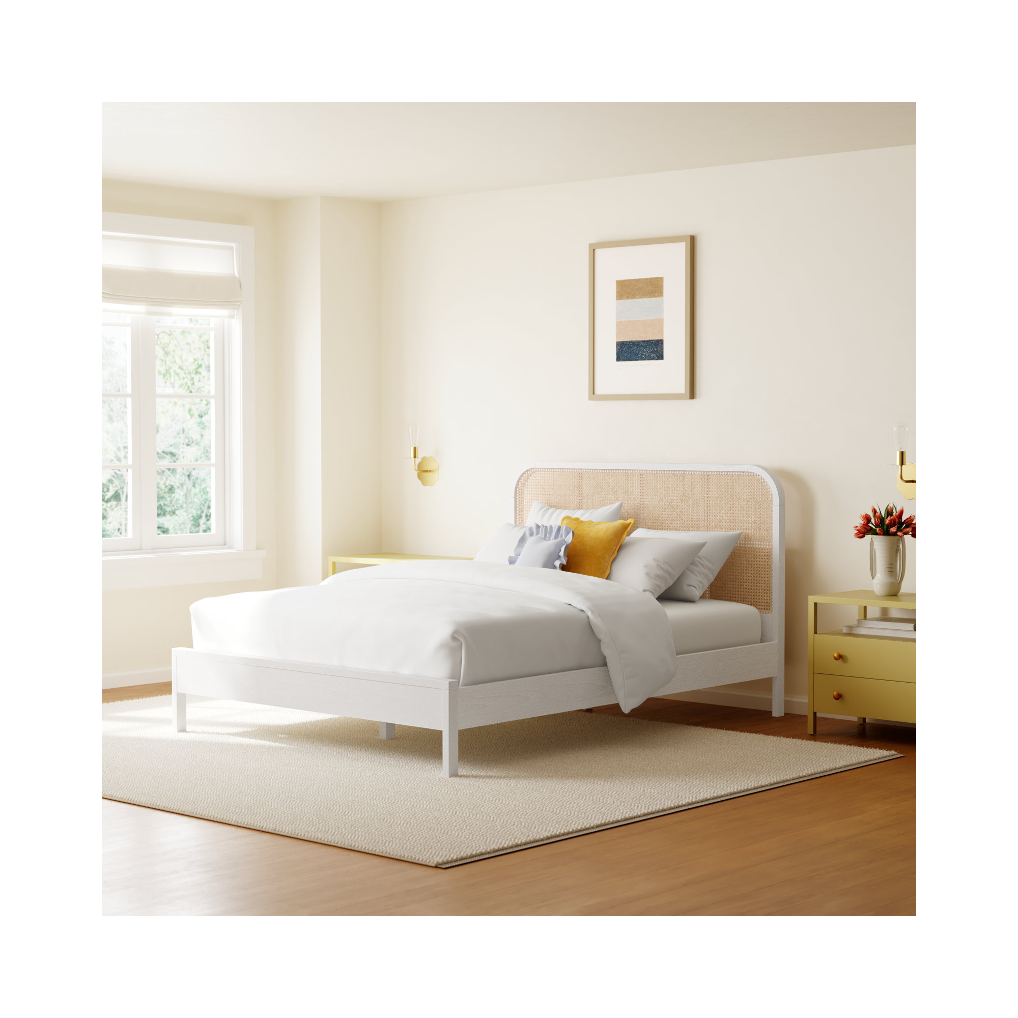 Alvery Cane Bed, White, Queen