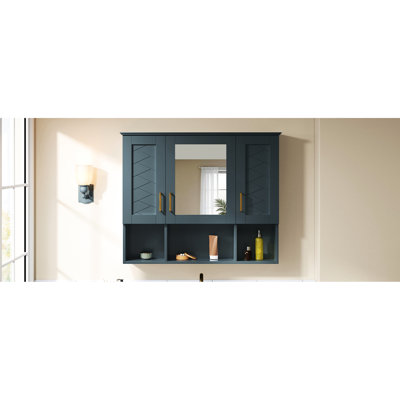 Armoire à pharmacie de 35 pouces 21 avec tablettes réglables, fermeture en douceur et miroir pour meuble-lavabo, finition moderne peinte bleue, fixation murale de 35 po