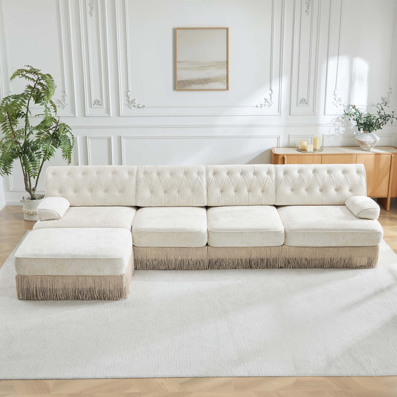 Canapé modulaire modulaire de style Chesterfield avec jupe à pampille, Beige