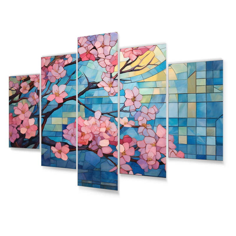 Collage Pink And Blue Blossoms - Floral Metal Wall Art Prints Set