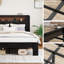 Structure de lit double, métal noir foncé et bois avec tête de lit avec rangement, 2 ports, bruit, pas de sommier, assemblage facile sous la structure, plateforme
