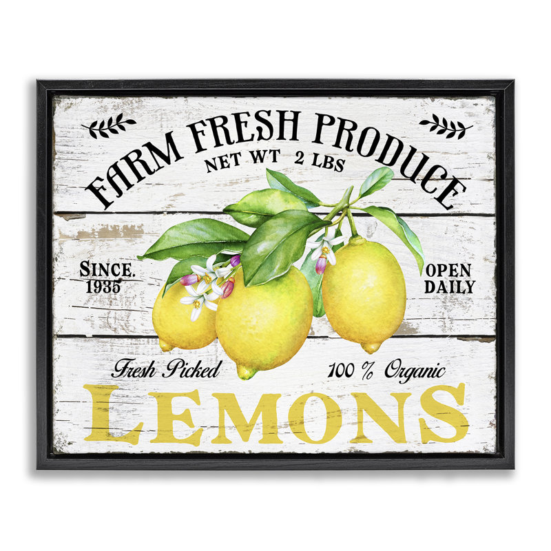 "Farm Fresh Produce Lemons", art mural encadré flottant par Creatif Belle, Cadre flottant noir de jais, H 17 po x l 21 po