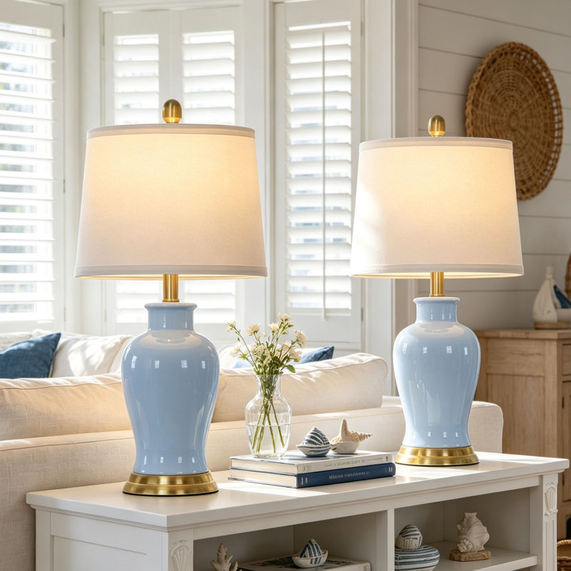 Ensemble de lampe de chevet en céramique 23 po avec ampoules, Bleu / doré